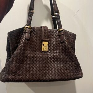 Authentic Bottega Veneta Dark Brown Roma Woven Shoulder Bag